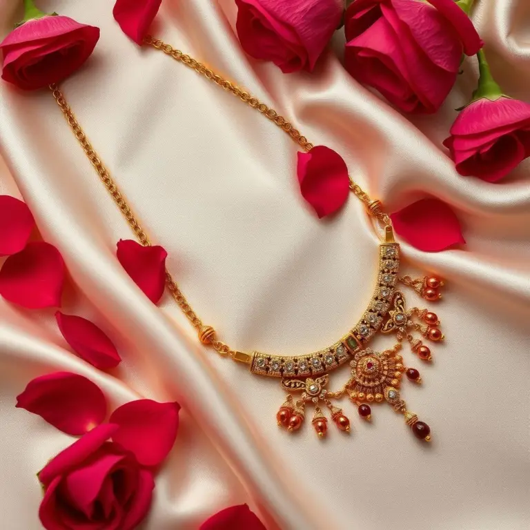 Flat lay of a gold Kundan necklace on silk with rose petals.