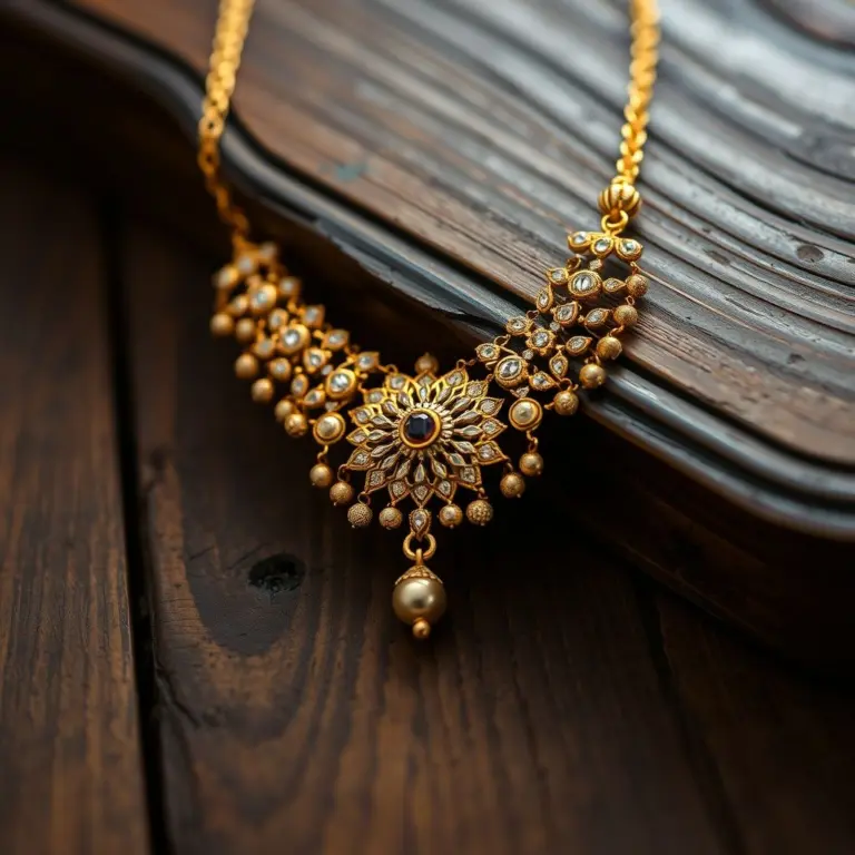 Close-up of a Kundan gold necklace on antique wood.