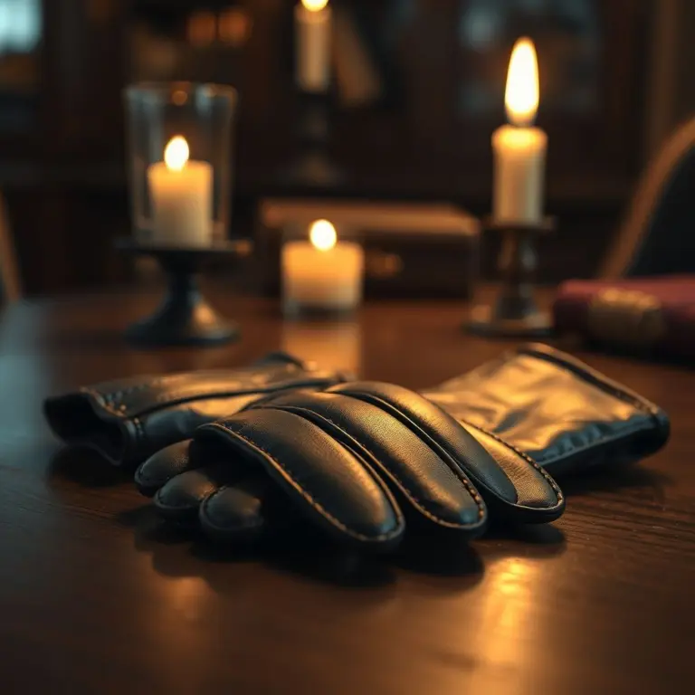 Black leather gloves on a wooden table with candlelight.