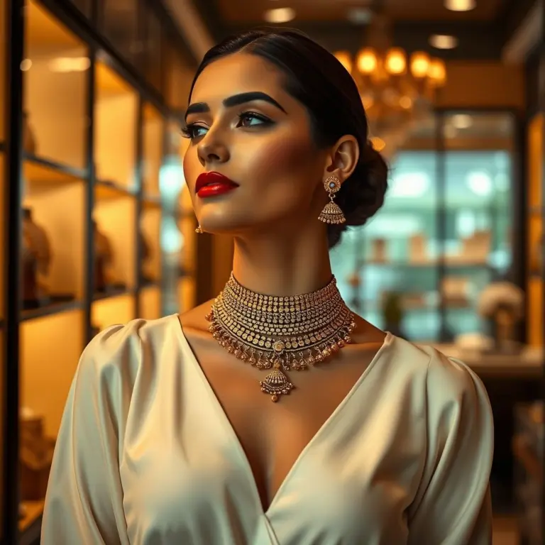 Model wearing Kundan gold necklace in boutique.