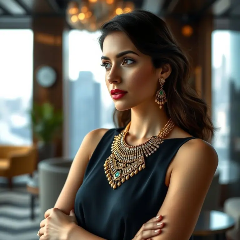 Model wearing Kundan necklace in a lounge.
