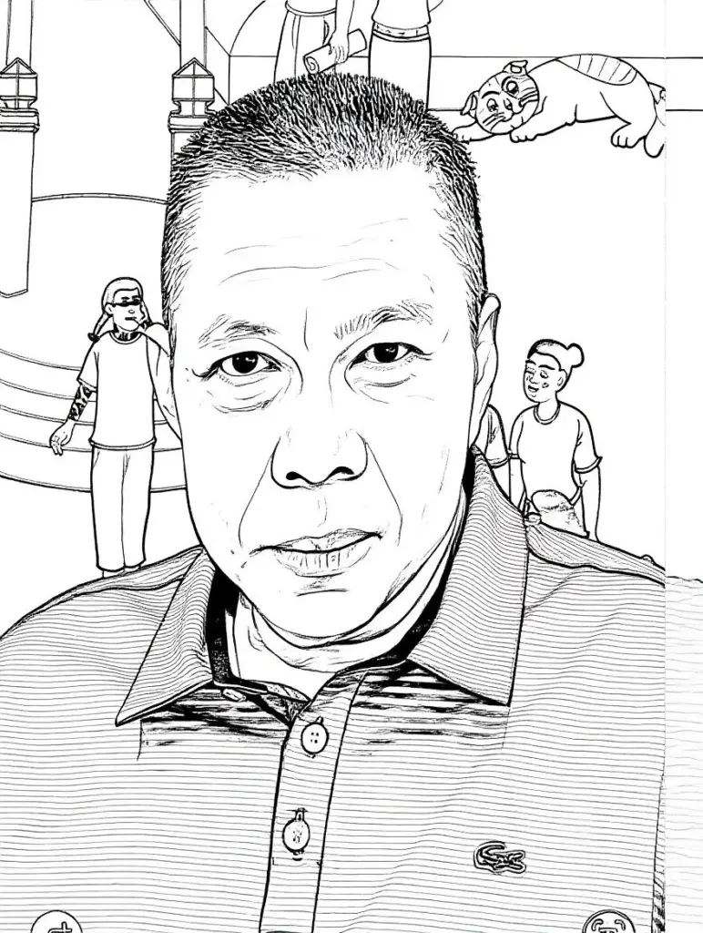 Monochromatic art with detailed black lines on white.