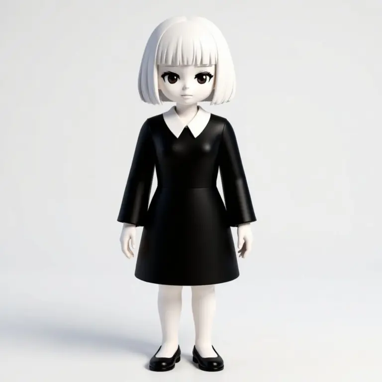 3D render of a pale-skinned character in a black dress, standing like a mannequin.