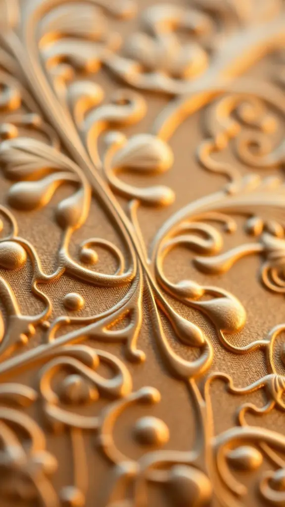 Close-up of an elegant textured surface with gold, silver, and earth tones.