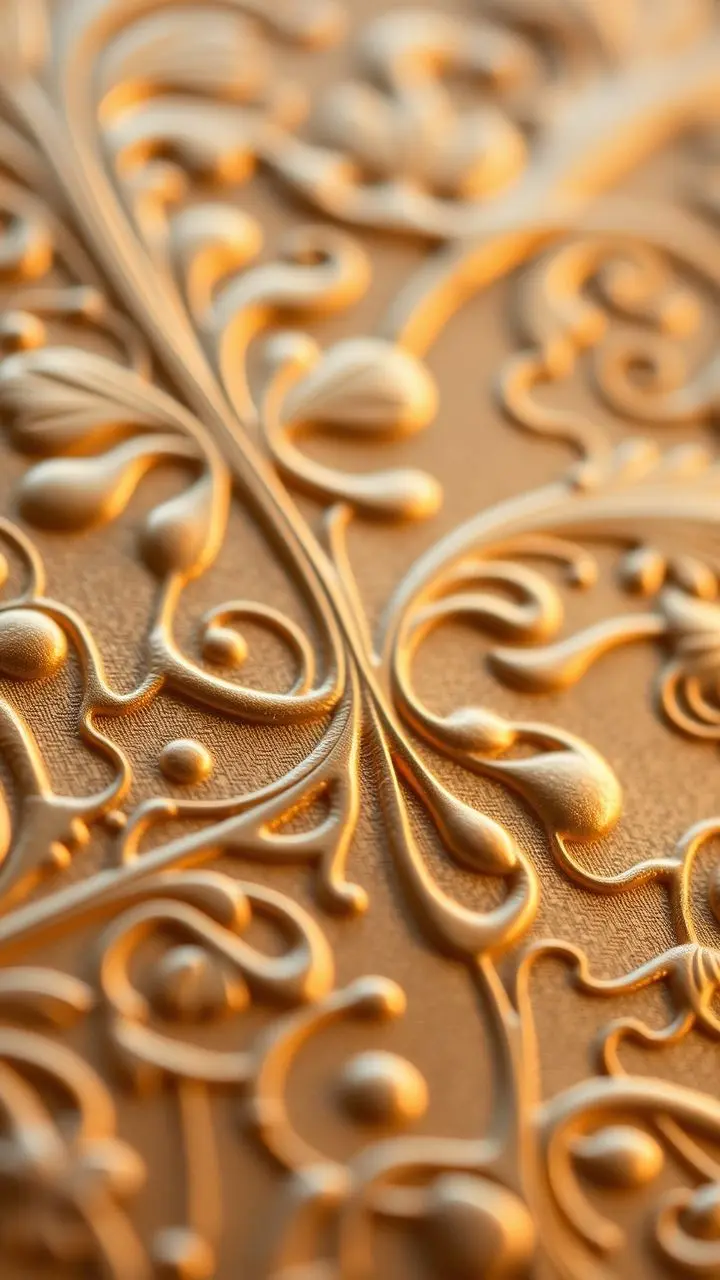 Close-up of an elegant textured surface with gold, silver, and earth tones.