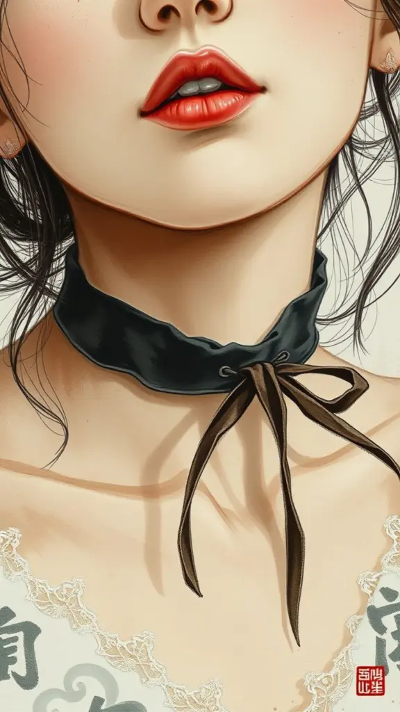 Portrait with velvet choker and ribbon, ink wash style, cold atmosphere.