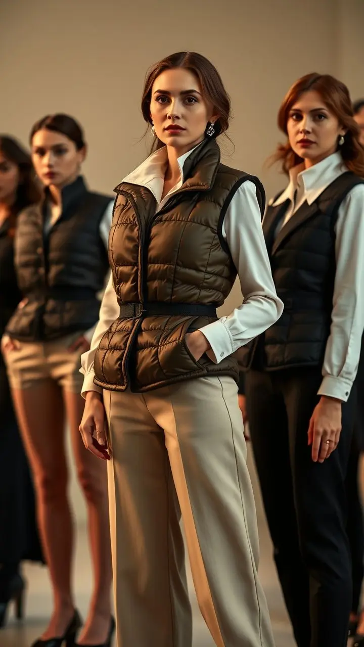 Group of women in elegant outfits with high collars and padded vests.