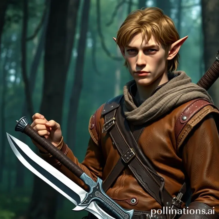 Male elf in leather jerkin with dagger in a forest.