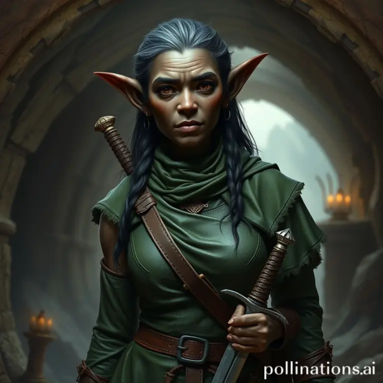 Dark-skinned elf woman with dagger in an underground city.