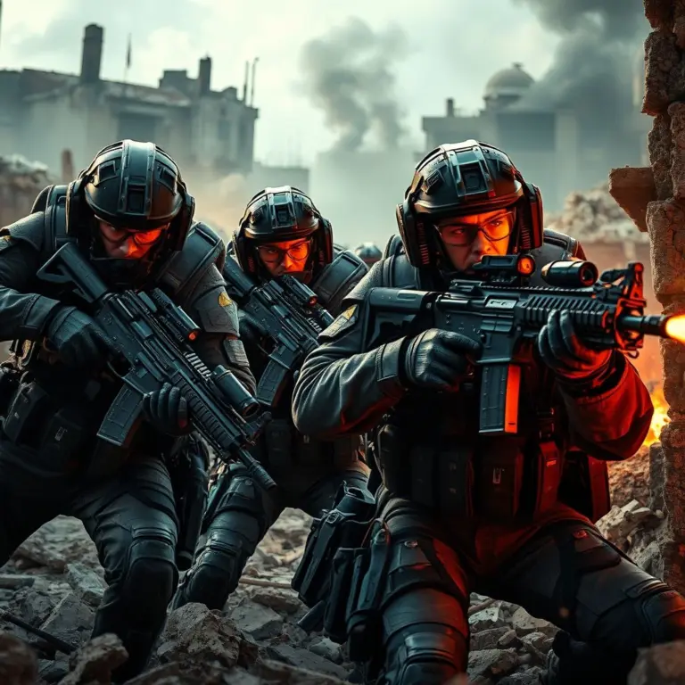 Soldiers in tactical gear fighting in a ruined city.