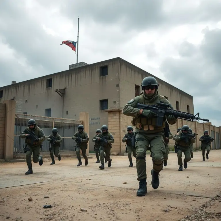 Elite soldiers advancing on a building under cloudy skies.