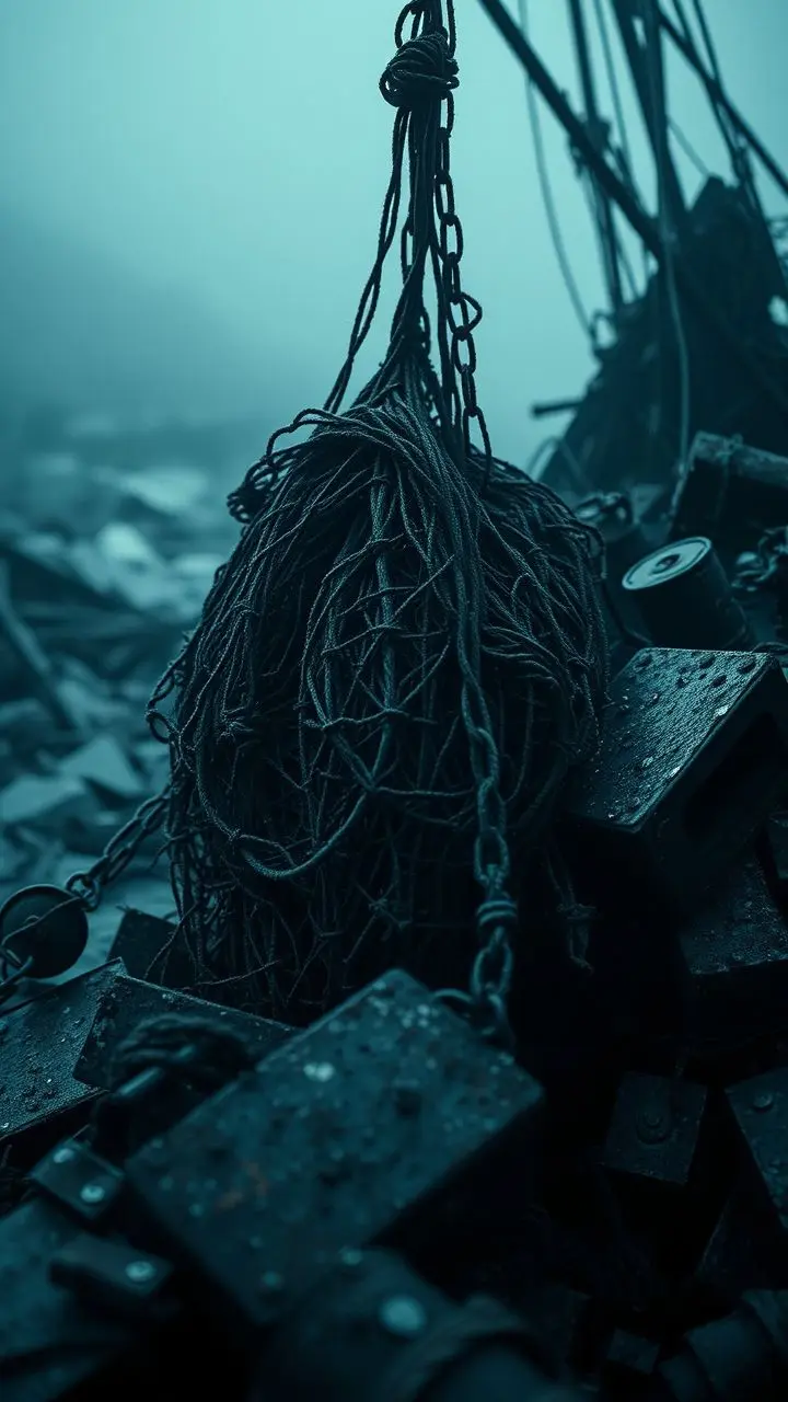 Close-up of a fishing net tangled with rusted debris, monochrome neon noir lighting.