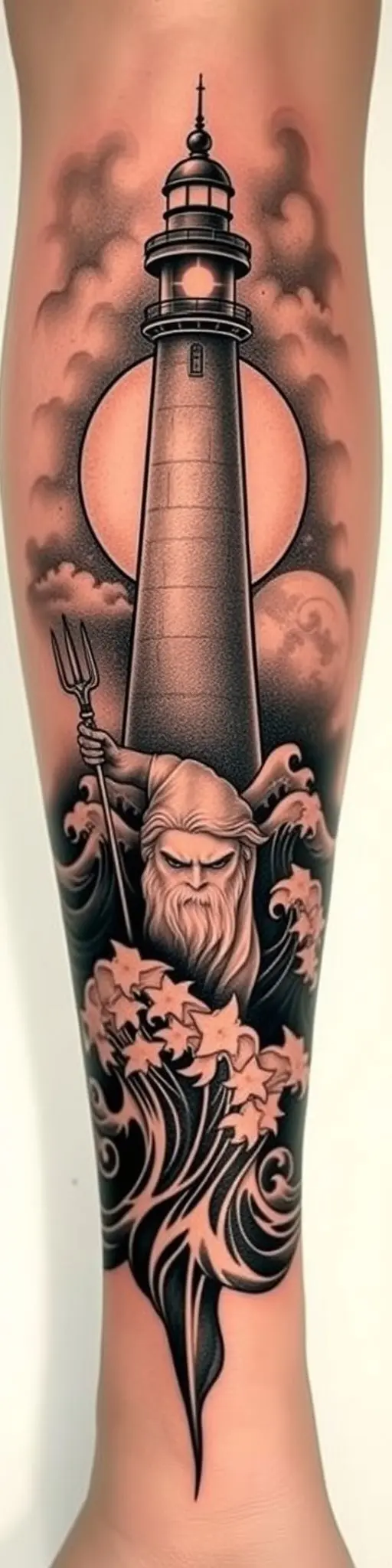 Embossed tattoo of a lighthouse and Poseidon on a calf.