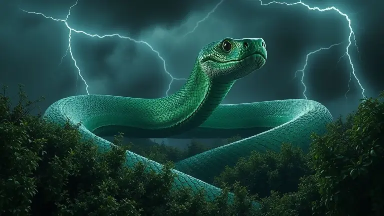 Colossal green serpent in stormy foliage under lightning.