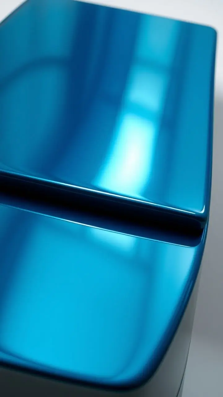 Glossy surface reflecting emerald and blue.
