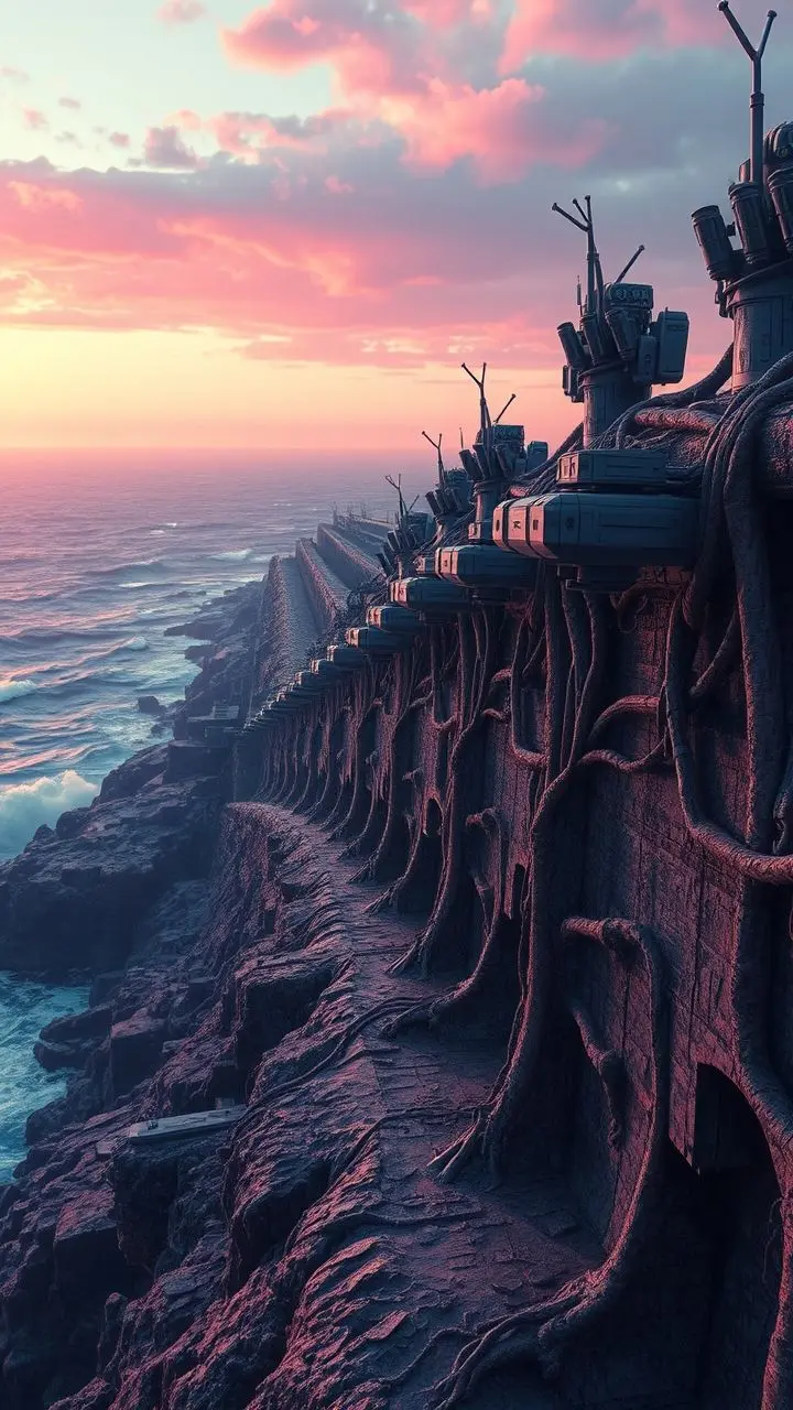 Coastal defense wall with mobile units under vaporwave lighting, featuring melting bark texture.