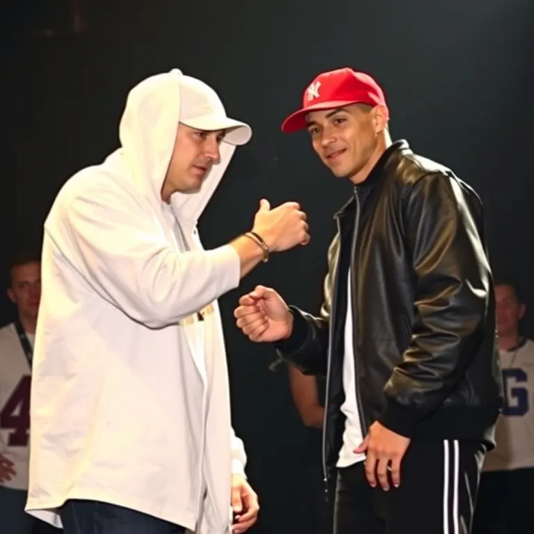 Eminem shaking hands with Rocky Balboa.