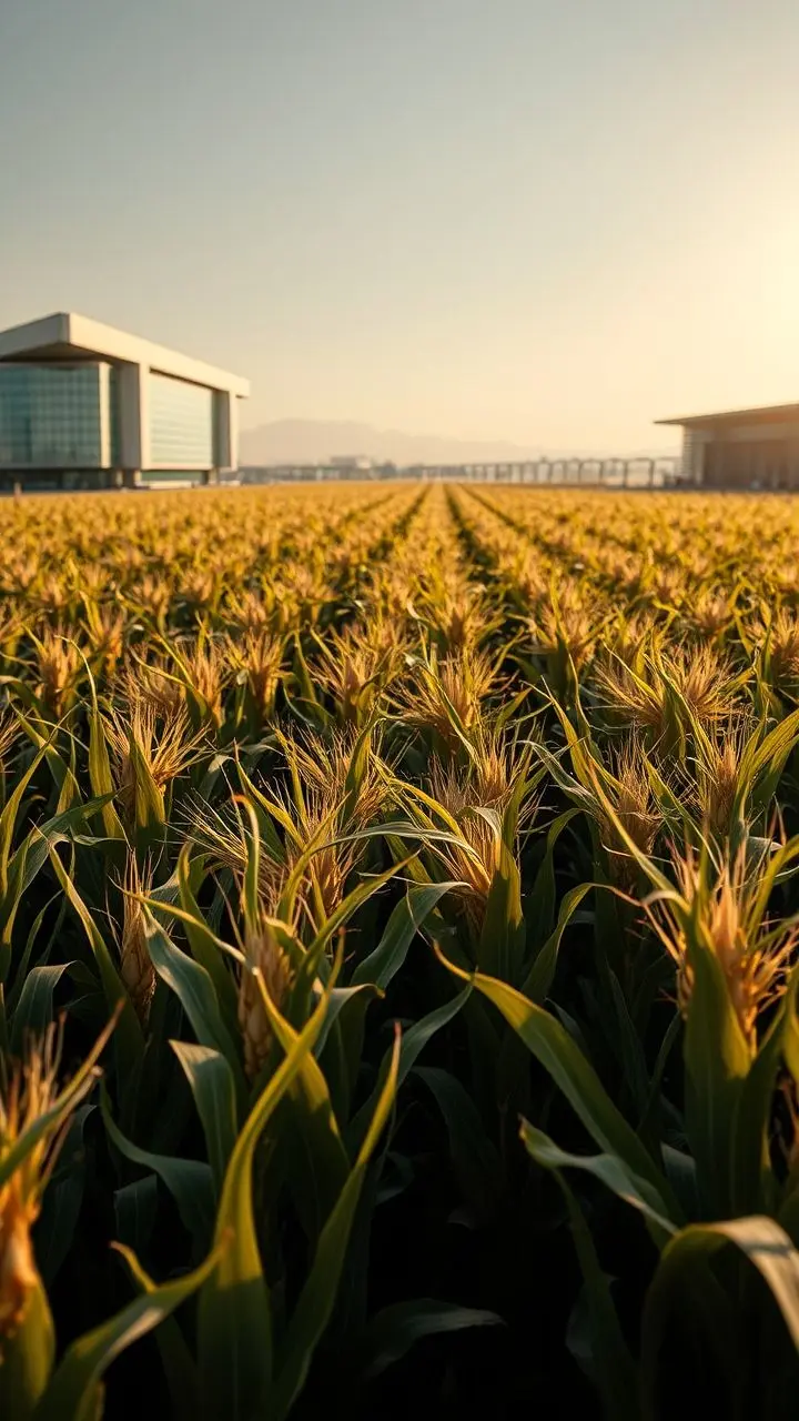 Cornfield maze in Emirates with snakeskin walls and modern buildings.