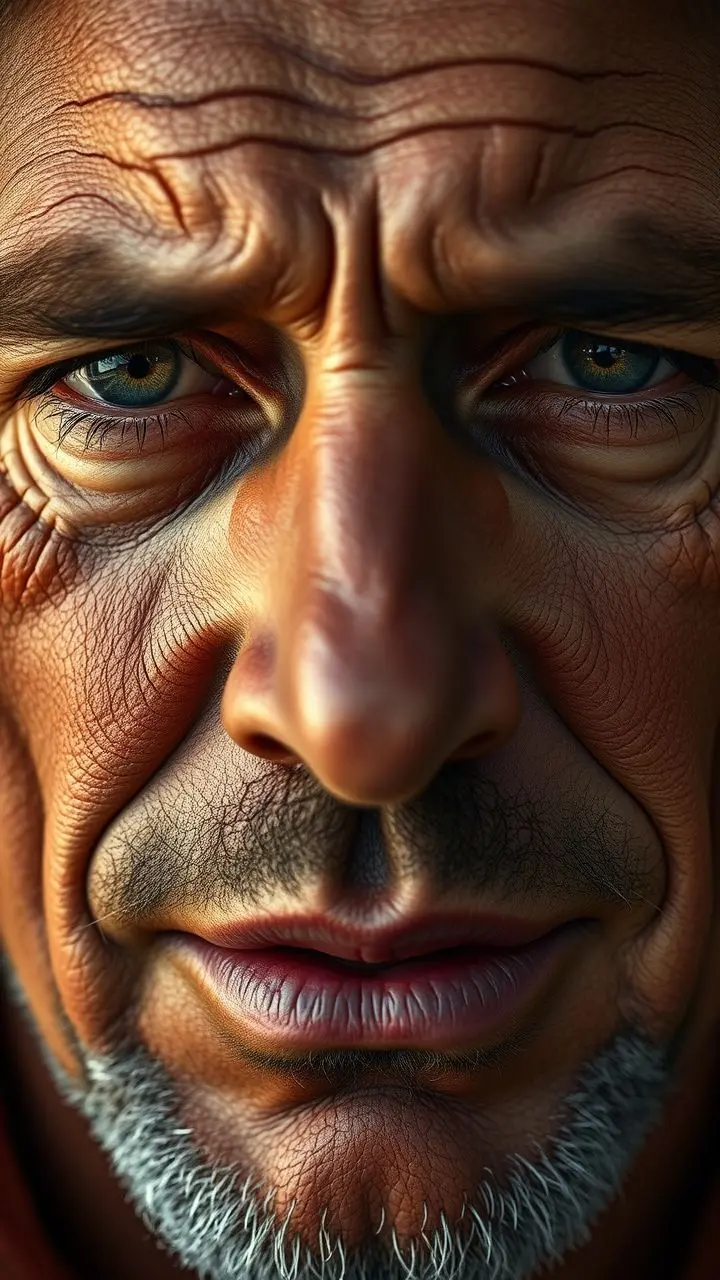 Close-up portrait showcasing lifelike facial features and deep emotional expression.