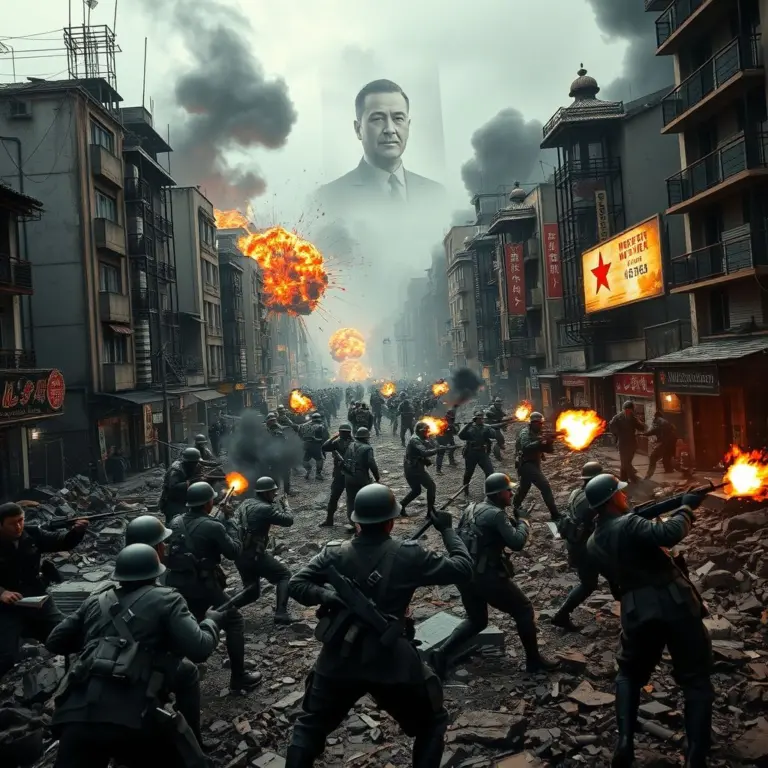 World War II battle scene in Tokyo with Emperor Hirohito, explosions, smoke, and rubble.
