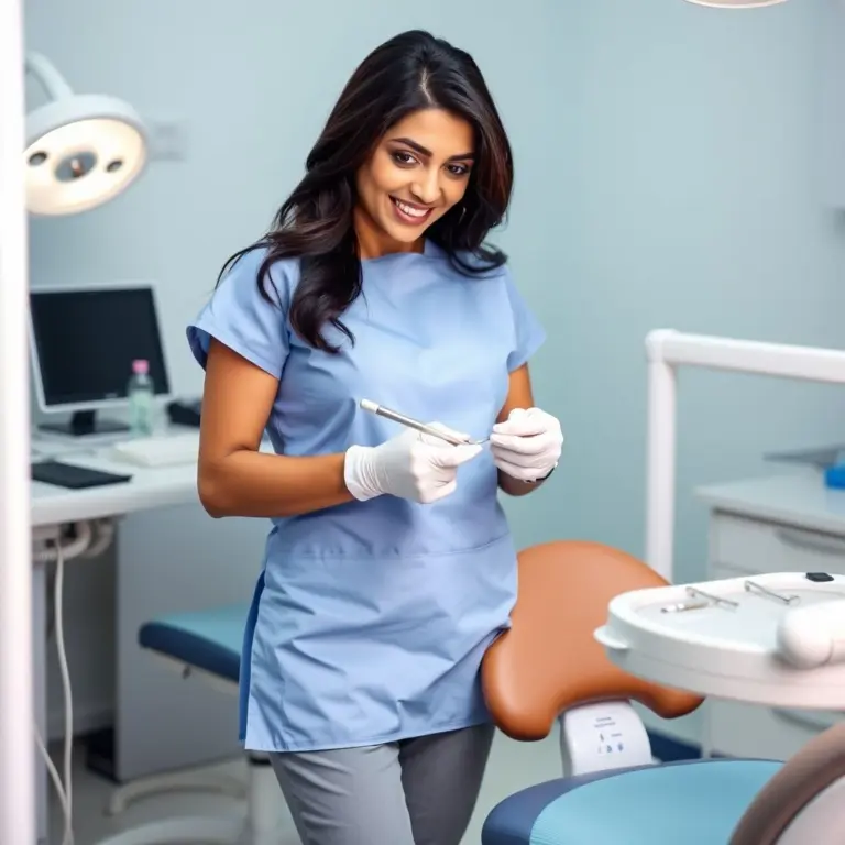 Desi female dentist holding dental device during surgery.