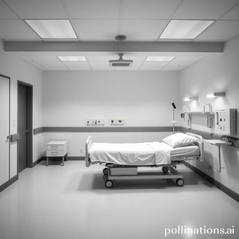 Monochrome image of an empty, clinical hospital room.