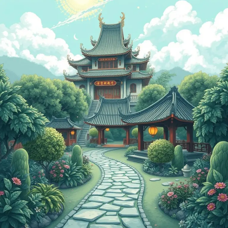 Detailed Chinese garden with pavilions, stone paths, lush greenery, and an enchanted castle in the background, rendered in oceanic blues and teals.