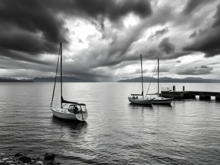 Two small, empty boats with furled sails moving in a cove near a pier, under a stormy sky.