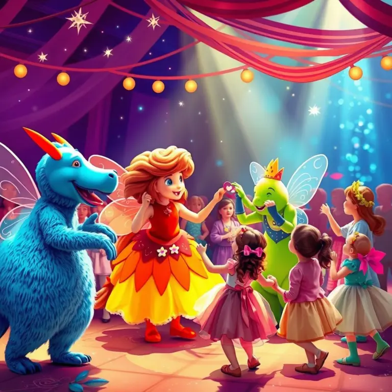 Colorful fairytale creatures and children dancing together happily.