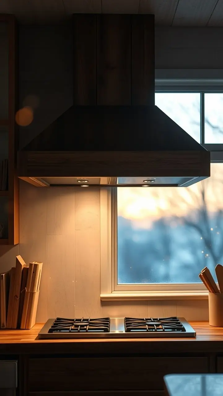 Weathered wooden square kitchen vent hood with shimmering fireflies at dawn.