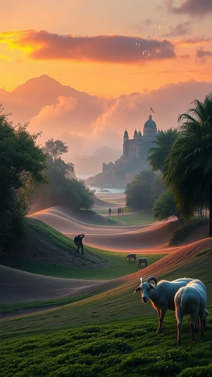 A park at dusk with people climbing dunes near bamboo, a misty castle, fumaroles, sailboats, and goats.