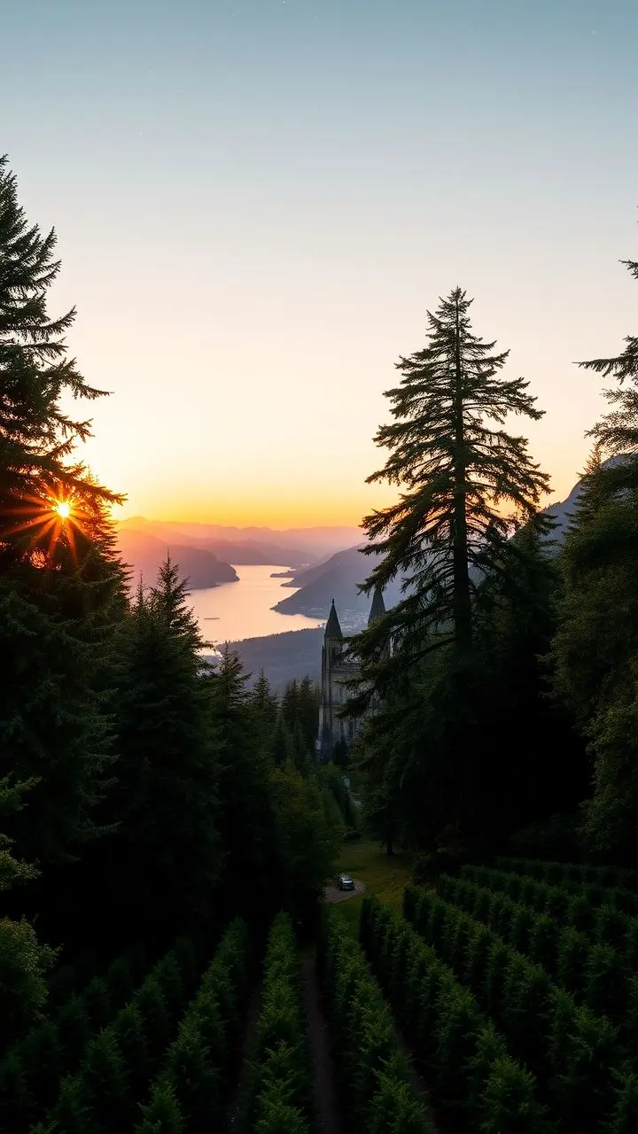 Panoramic forest at sunset with fjords and stars.