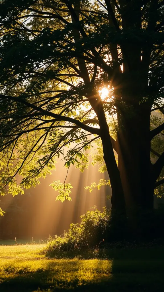 Backlit forest scene with golden light filtering through leaves.