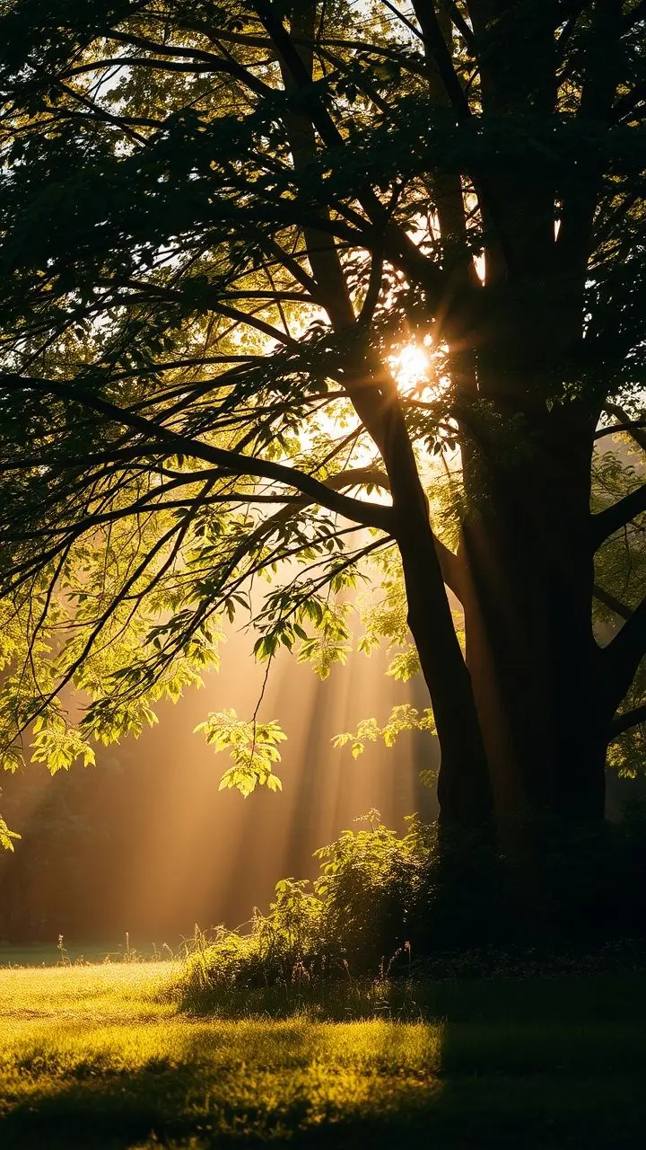 Backlit forest scene with golden light filtering through leaves.
