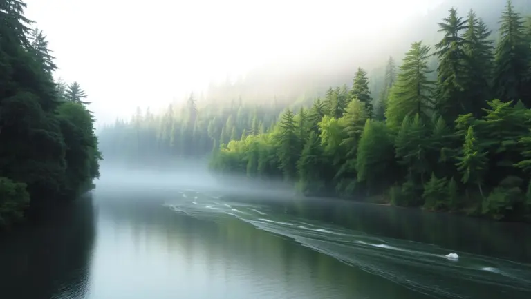 River flowing through green forest valleys with mist.