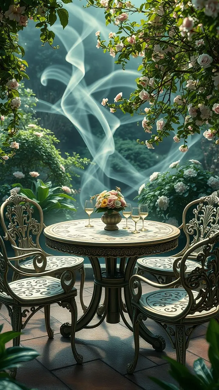 Patio dining set in a misty, magical garden with detailed textures.