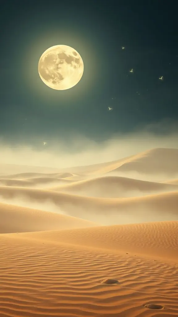 Gobi Desert dunes at night with fog, lace, and fireflies under a large moon.