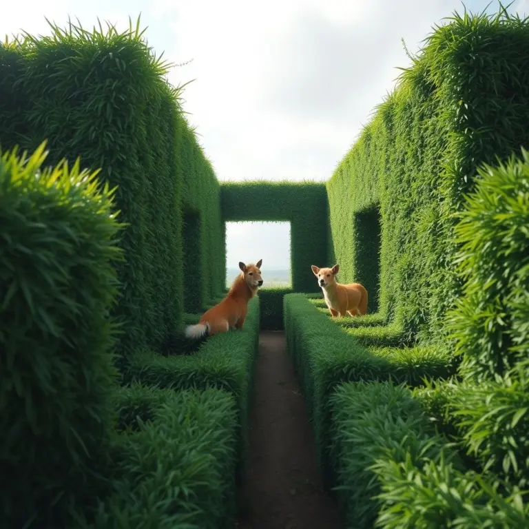 A magical hedge maze with diverse animal friends working together.