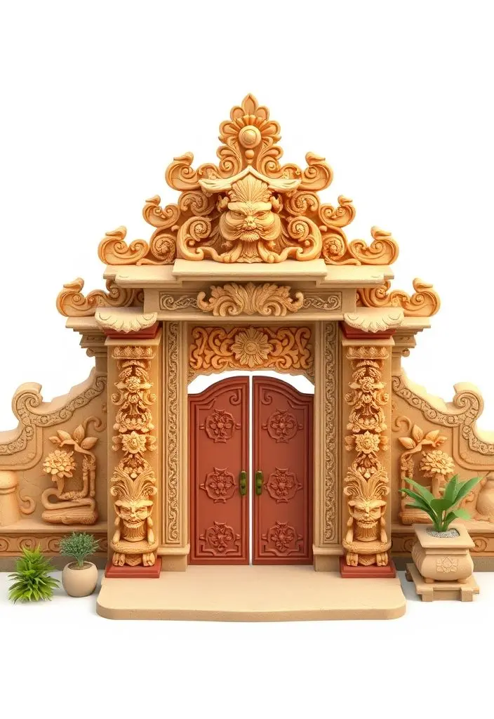 Ornate Javanese stone gate with carvings, Disney animation style, isometric view, white background.