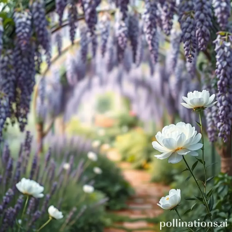 Magical garden with floral tunnels and floating peonies.