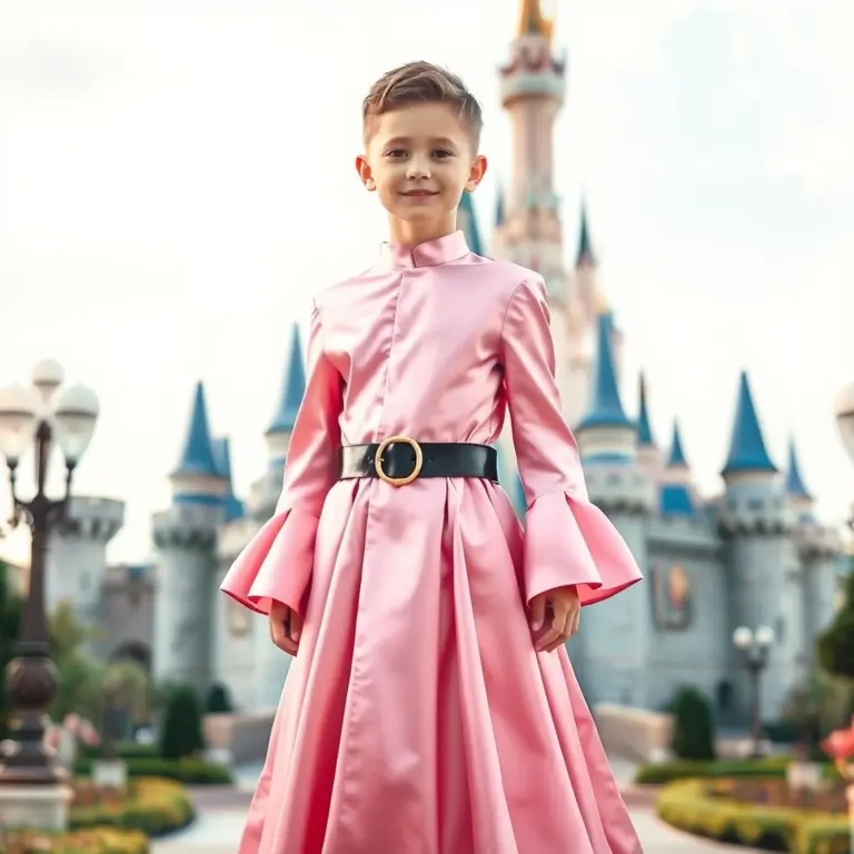 Boy in pink princess gown and black belt in front of a castle.