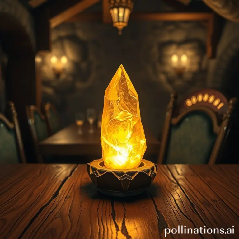 Glowing magic crystal on wooden table.