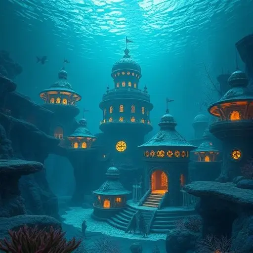 Merpeople in an underwater city with glowing coral buildings.