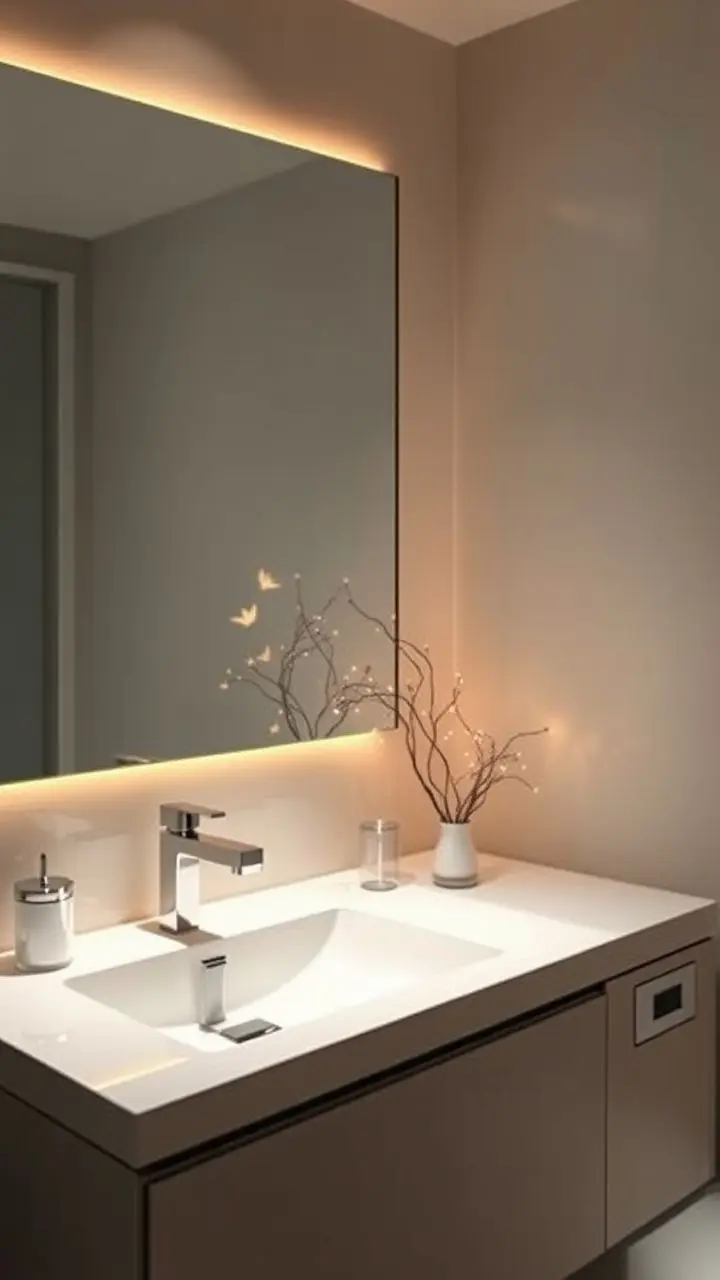 Sleek bathroom vanity with ambient lighting and twinkling fireflies, featuring 2000s web-inspired digital textures.