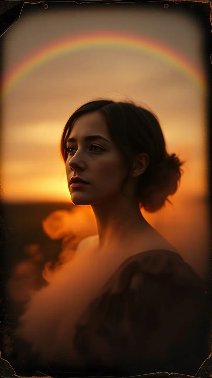 Vintage portrait of a person in mist with a rainbow at sunset.