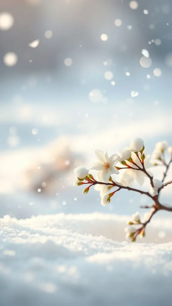 Jasmine blossoms in snow with fragrant tendrils.