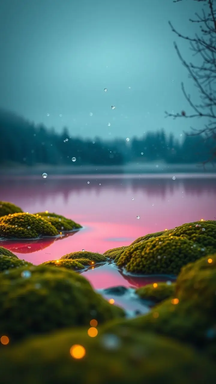 Pink lake in Quebec with hail and fireflies in stop-motion style.