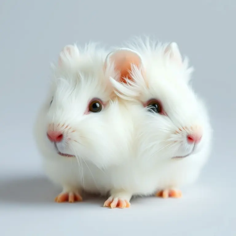 Small white fluffy creature with amber eyes.