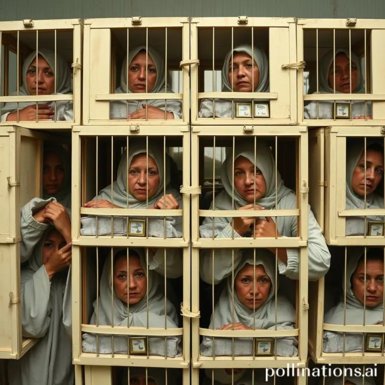 Multiple identical rectangular cages stapled together, containing women.