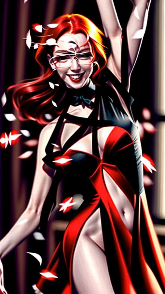 Red-haired woman dancing happily